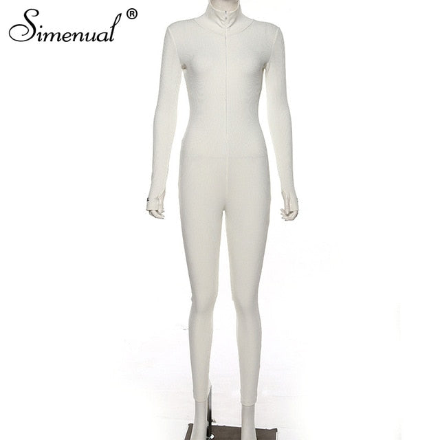 Entrenamiento Simenual Active Wear acanalado mamelucos para mujer del mono de manga larga deportiva fitness bordado impresión de la letra de la cremallera del mono