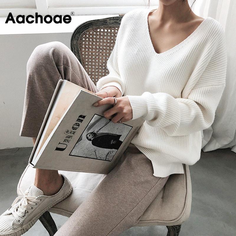 Womens Sweaters 2020 otoño invierno Casual V mujeres del cuello del suéter suéter sólido de manga larga Moda suelta de punto de cachemir Top