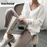 Womens Sweaters 2020 otoño invierno Casual V mujeres del cuello del suéter suéter sólido de manga larga Moda suelta de punto de cachemir Top