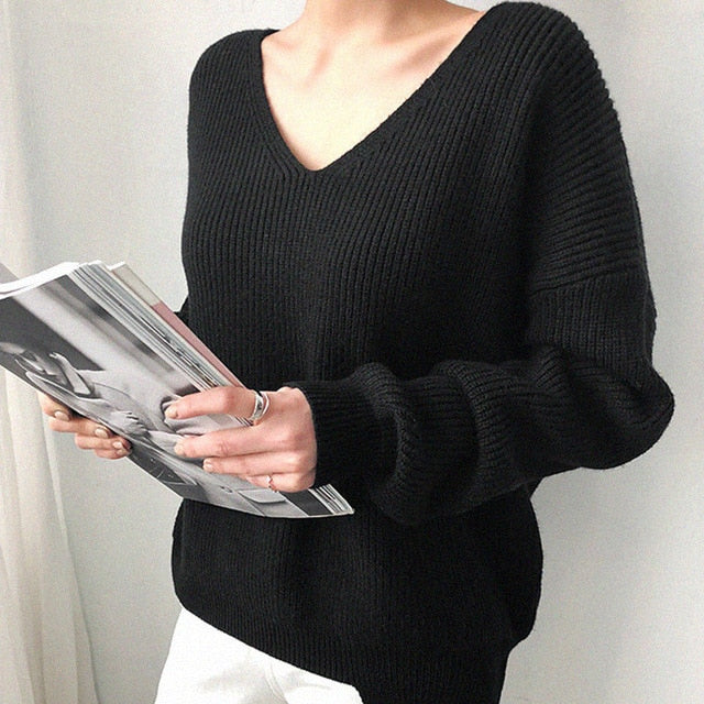 Womens Sweaters 2020 otoño invierno Casual V mujeres del cuello del suéter suéter sólido de manga larga Moda suelta de punto de cachemir Top