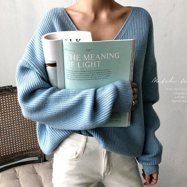 Womens Sweaters 2020 otoño invierno Casual V mujeres del cuello del suéter suéter sólido de manga larga Moda suelta de punto de cachemir Top