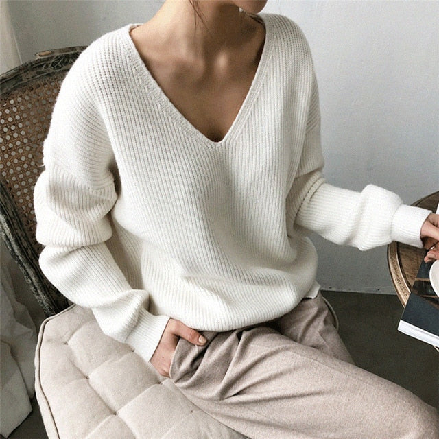 Womens Sweaters 2020 otoño invierno Casual V mujeres del cuello del suéter suéter sólido de manga larga Moda suelta de punto de cachemir Top