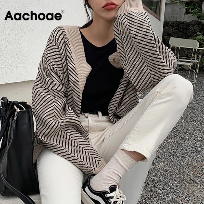 Remiendo de la manera de punto a rayas chaqueta de punto Mujeres top Otoño Invierno 2020 casuales de manga larga ropa exterior del cuello de V Botones Escudo