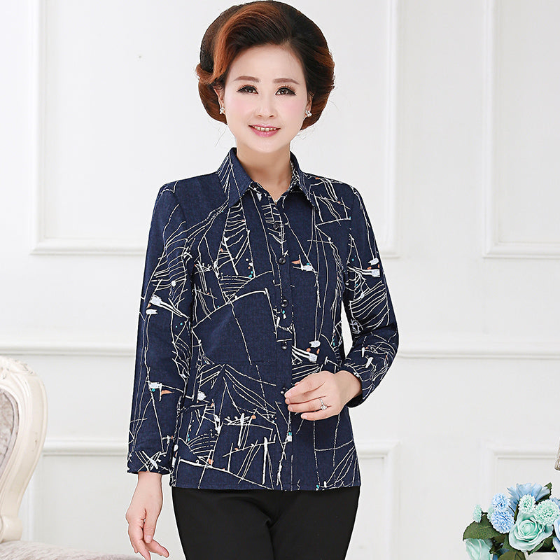 Camisa casual de mujer de mediana edad Patrón de impresión de color caqui azul marino Cuello vuelto Botón de manga larga Frente Top Tallas grandes Ropa