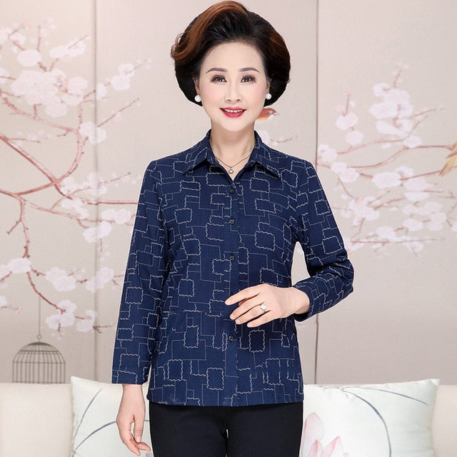 Camisa casual de mujer de mediana edad Patrón de impresión de color caqui azul marino Cuello vuelto Botón de manga larga Frente Top Tallas grandes Ropa