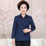 Camisa casual de mujer de mediana edad Patrón de impresión de color caqui azul marino Cuello vuelto Botón de manga larga Frente Top Tallas grandes Ropa