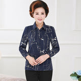 Camisa casual de mujer de mediana edad Patrón de impresión de color caqui azul marino Cuello vuelto Botón de manga larga Frente Top Tallas grandes Ropa