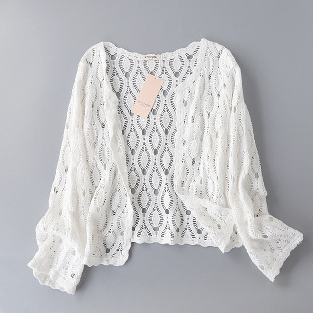 Chaqueta de punto de primavera y verano de punto 2020 Mujeres Gancho Flor Hollow Bloqueador solar Blusa transparente transparente Chaqueta pequeña informal