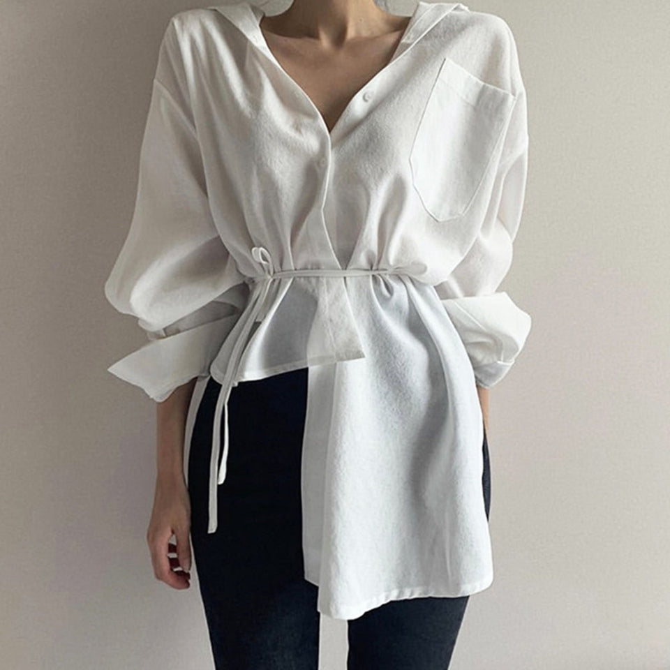 Camisas de manga larga para mujer Blanco 2020 Diseñador coreano Moda Cintura alta Cinturón Blusa elegante Asimétrico Causal Tops femeninos