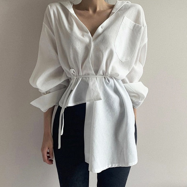 Camisas de manga larga para mujer Blanco 2020 Diseñador coreano Moda Cintura alta Cinturón Blusa elegante Asimétrico Causal Tops femeninos